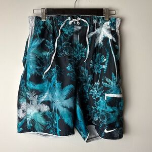 Nike Men's Palm Print Swim Shorts - Black and Teal